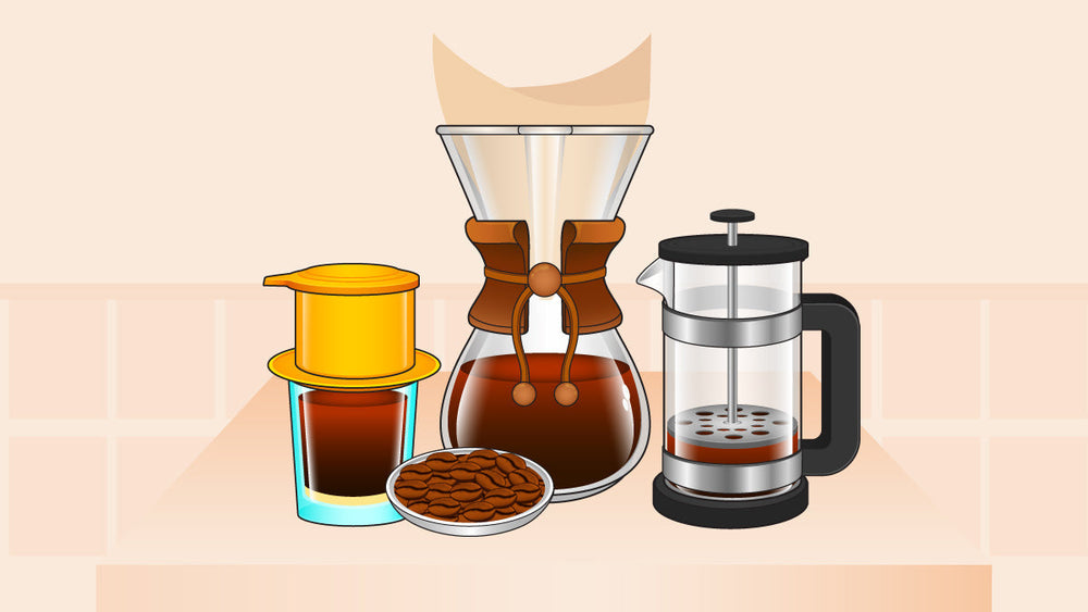 different coffee brewing methods, including a Vietnamese drip filter, Chemex, French press, and a bowl of coffee beans
