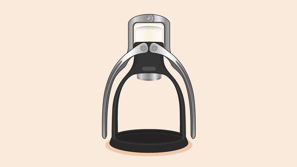 ROK manual espresso maker with stainless steel arms and black base