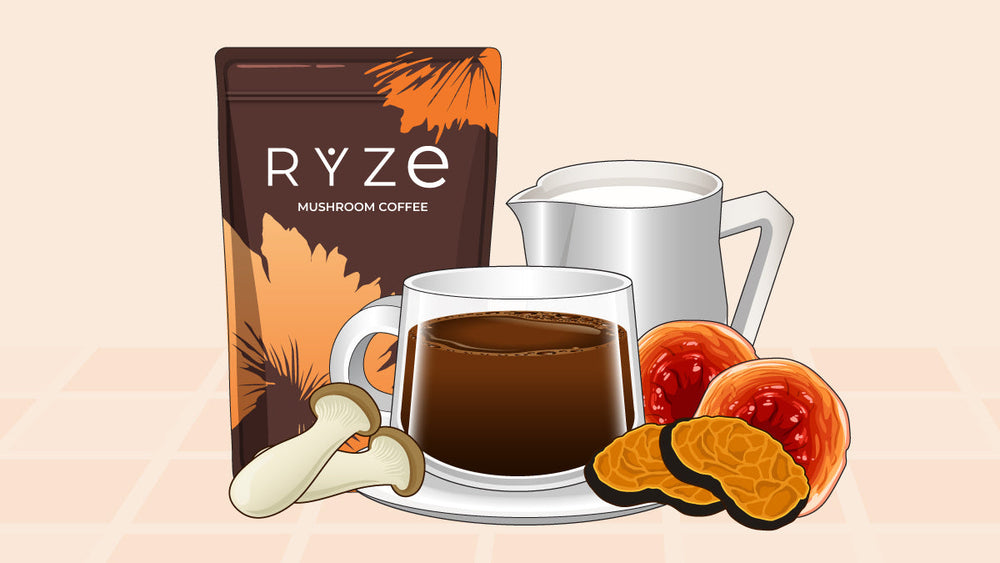 Ryze mushroom coffee packet with a mug of brewed coffee, milk pitcher, and various mushrooms in front.
