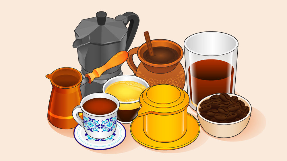Different coffee brewing methods with cups, moka pot, cezve, clay pot, and coffee beans.