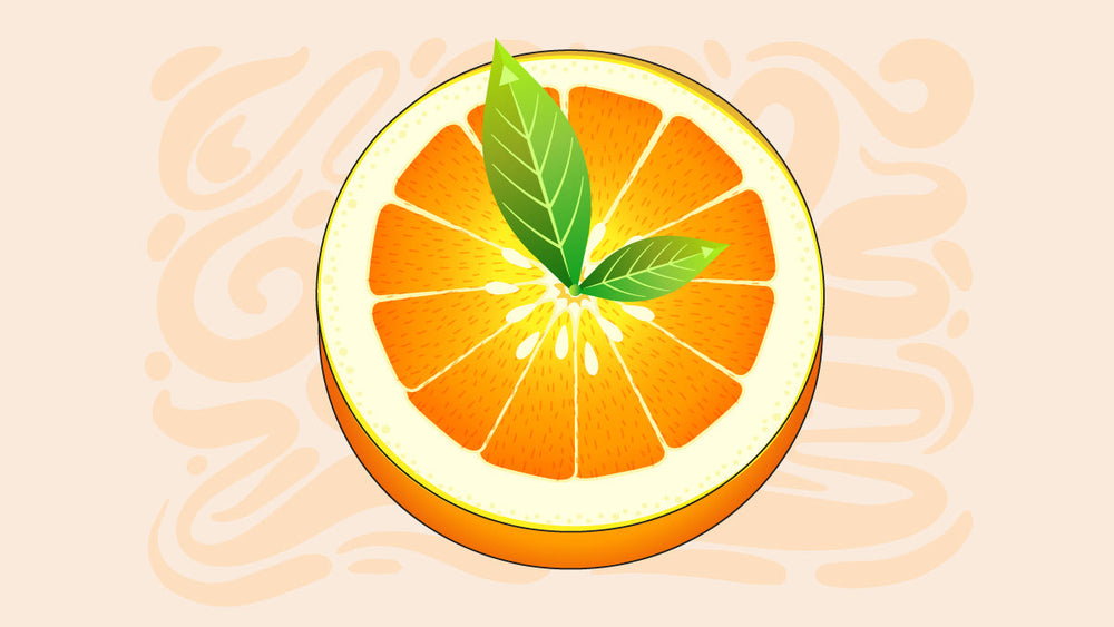 Stylized orange slice with three green leaves in the center.