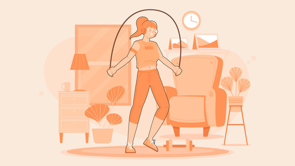 Woman jumping rope in a living room with dumbbells on the floor and a chair behind her.