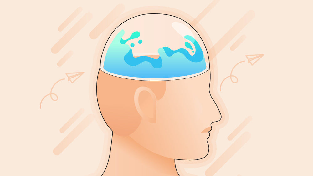 Illustration of a head in profile with water inside the brain, symbolizing hydration and mental clarity.