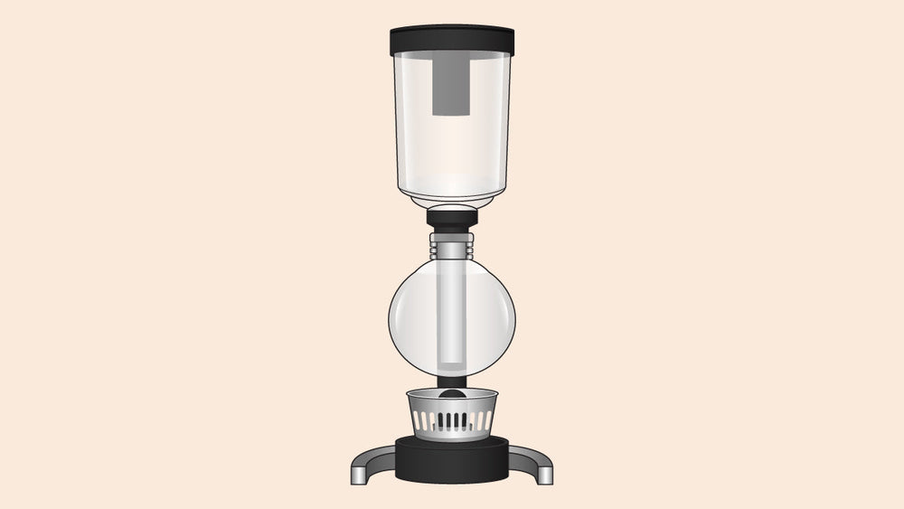 Vacuum pot coffee maker with an upper and lower glass chamber, a filter, and a heat source at the base