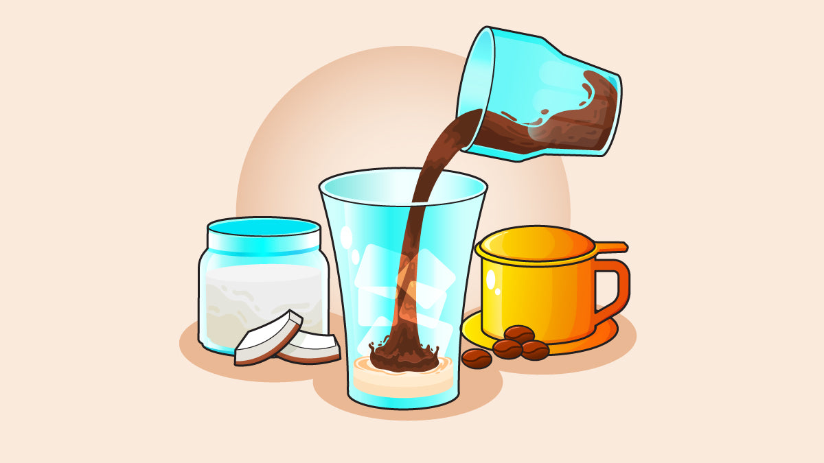 Vietnamese coffee being poured into a larger cup, accompanied by a phin filter and a vegan sweetener substitute on the side.