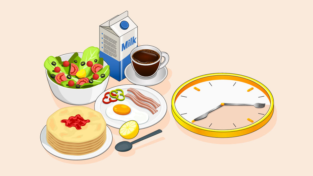 Breakfast foods with salad, pancakes, egg, bacon, milk, coffee, and a clock showing 8:45 with fork and knife hands.