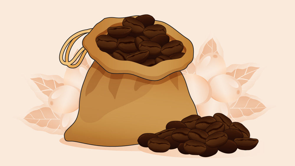 Burlap sack filled with coffee beans, with some beans spilling out in front.