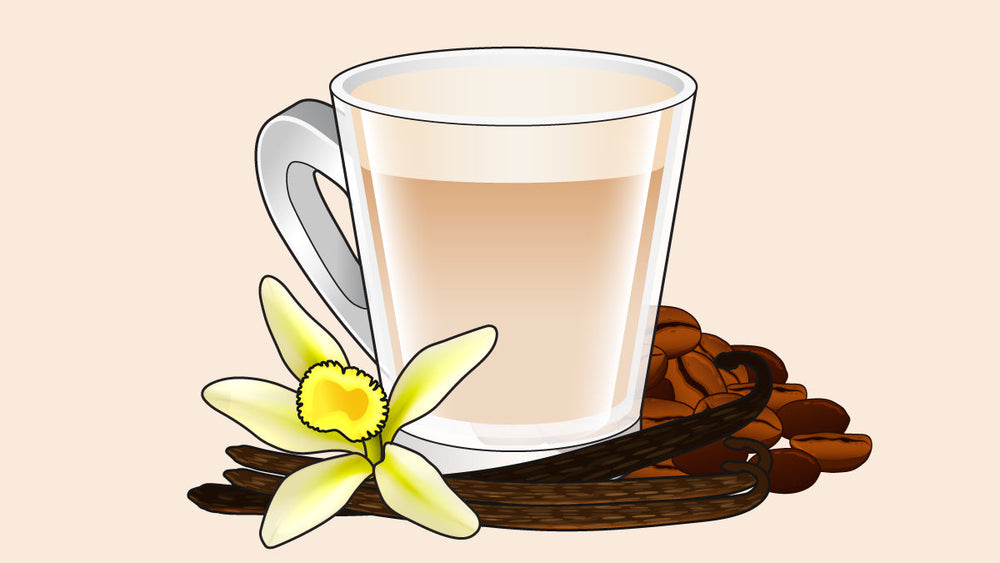 Glass mug of vanilla-flavored coffee with coffee beans, vanilla flower, and vanilla pods.