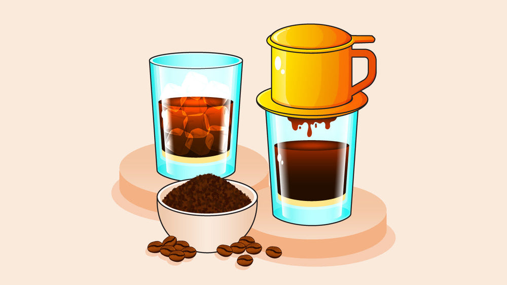 Vietnamese Phin coffee brewing process with dripping filter, a glass of iced coffee, ground coffee, and whole coffee beans