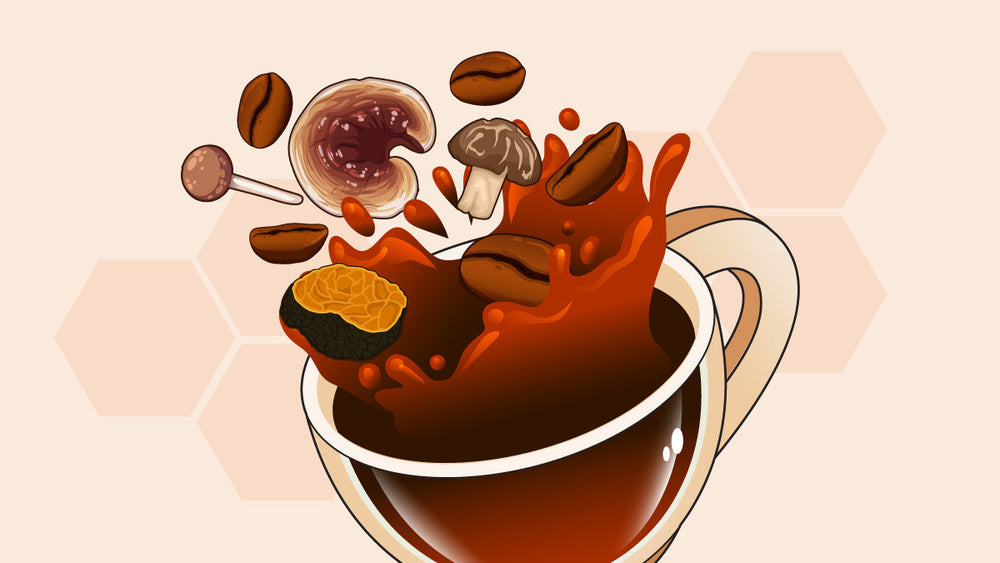 Mushroom coffee splash with beans and fungi