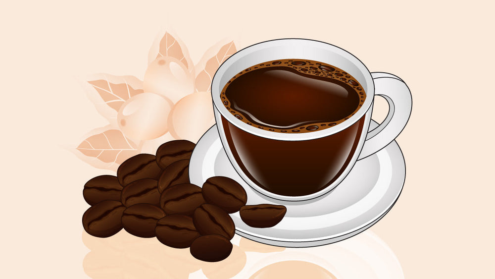 Cup of dark roast coffee on a saucer, surrounded by roasted coffee beans and coffee plant
