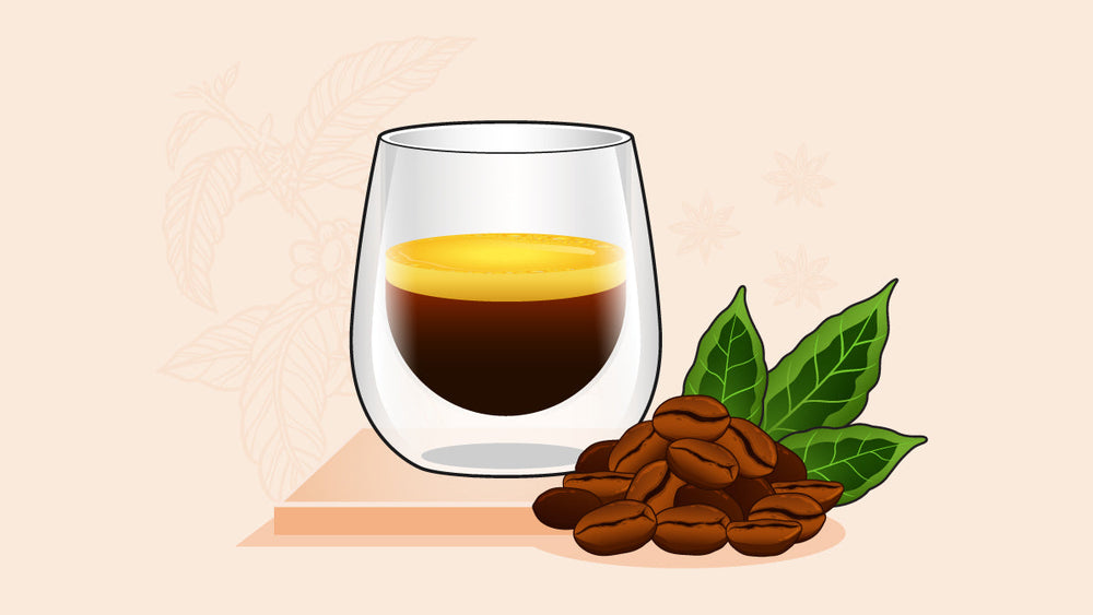 Fresh espresso shot in a double-walled glass with crema, surrounded by coffee beans and leaves