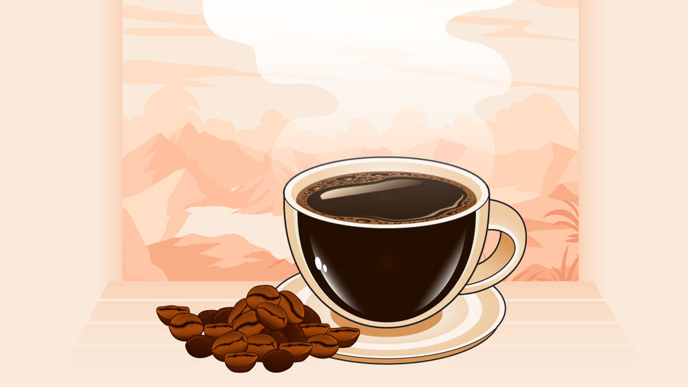 A cup of Java coffee with coffee beans on a wooden table, set against a scenic mountain landscape