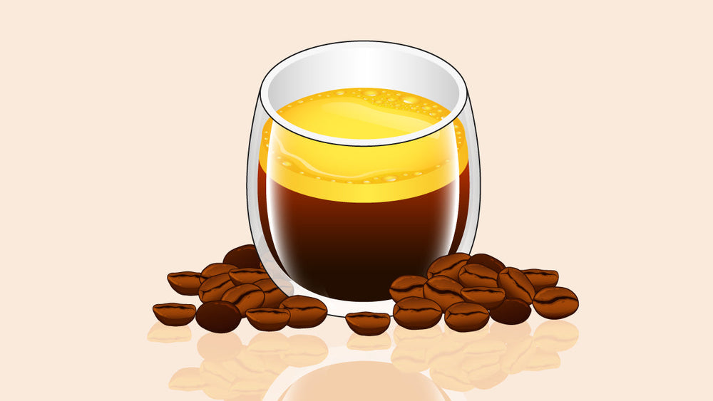 Glass of lungo coffee with golden crema, surrounded by scattered coffee beans.