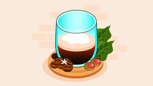 Glass of coffee with creamy foam, coffee beans, leaves, and cherries on a wooden coaster