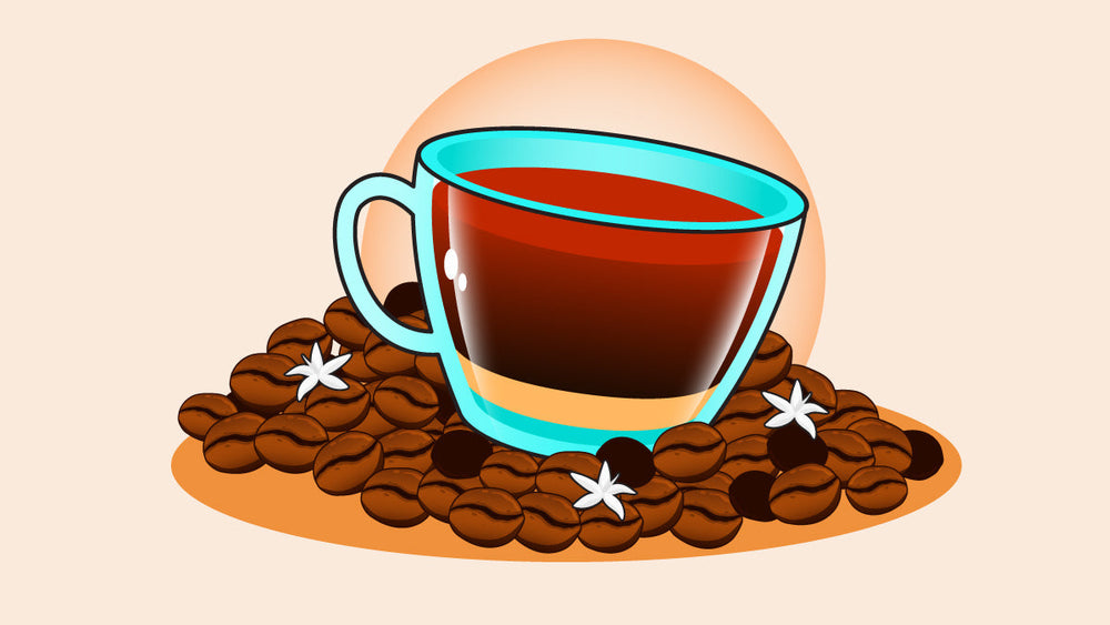 A cup of coffee in a transparent cup surrounded by coffee beans and is ready for drinking after tooth extraction.