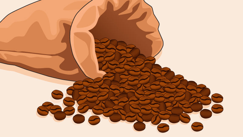 A burlap sack spilling freshly roasted coffee beans onto a surface, symbolizing coffee production and freshness