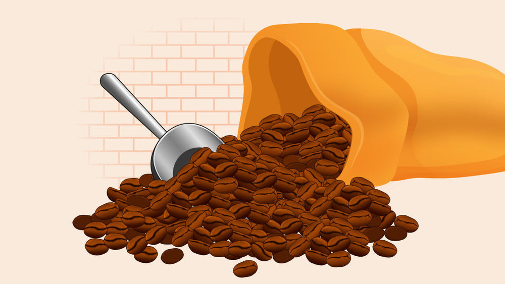 A burlap sack spilling roasted coffee beans onto a surface, with a metal scoop resting among them