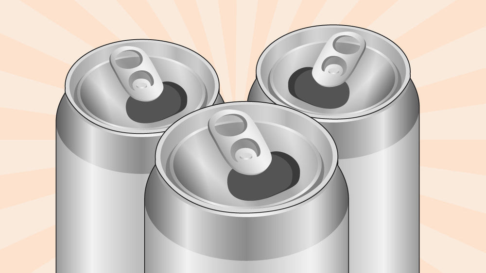 Three silver beverage cans with pull tabs shown from the top view.