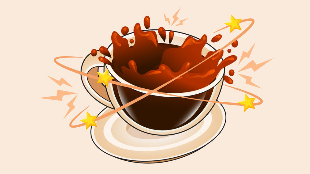 A coffee cup with an energetic splash effect, surrounded by lightning bolts, swirling orbits, and stars