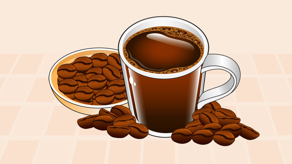 A glass mug of black coffee surrounded by roasted coffee beans and a bowl of beans.