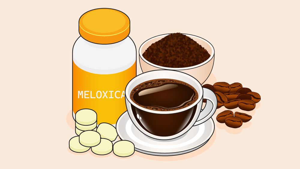 Meloxicam bottle with pills, a cup of black coffee, ground coffee, and coffee beans
