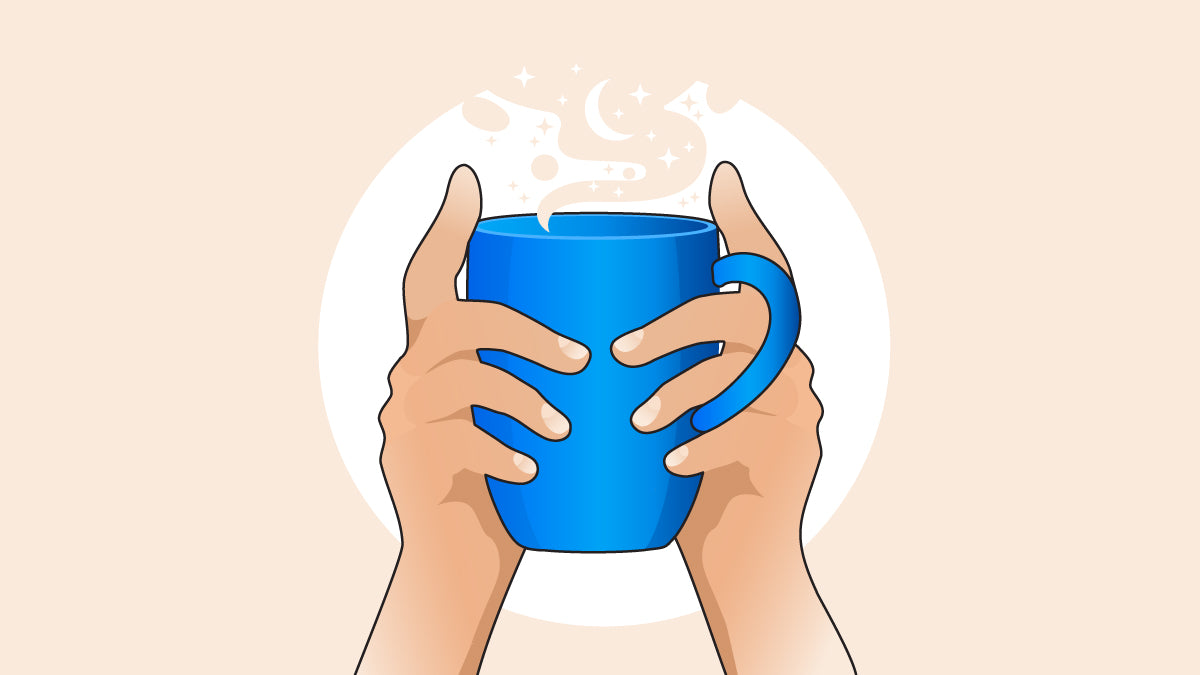Two hands holding a steaming blue cup of coffee.