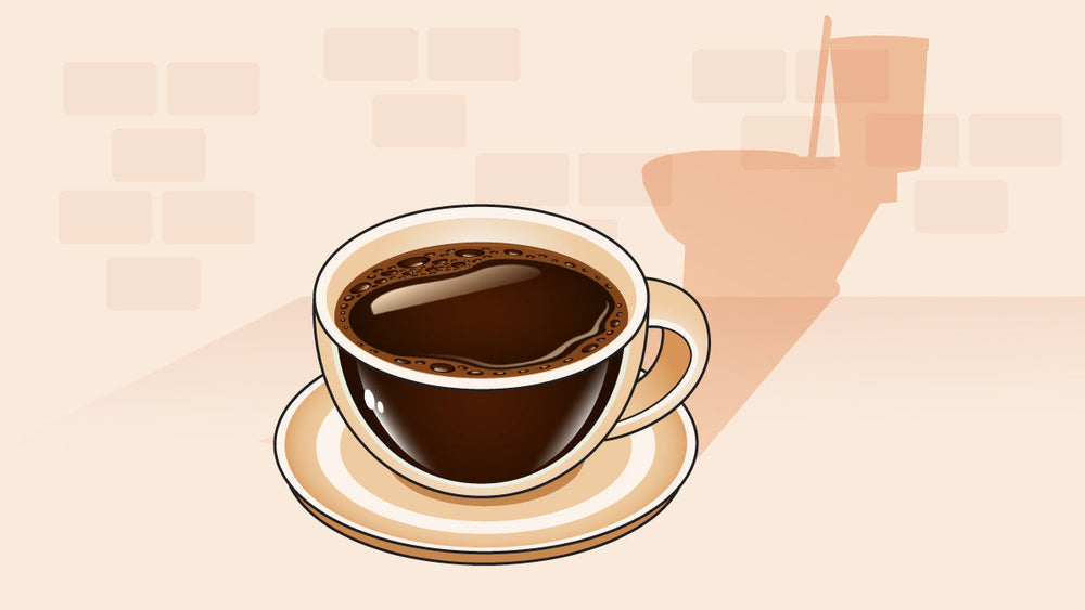a cup of black coffee on a saucer with a shadow in the background resembling a toilet