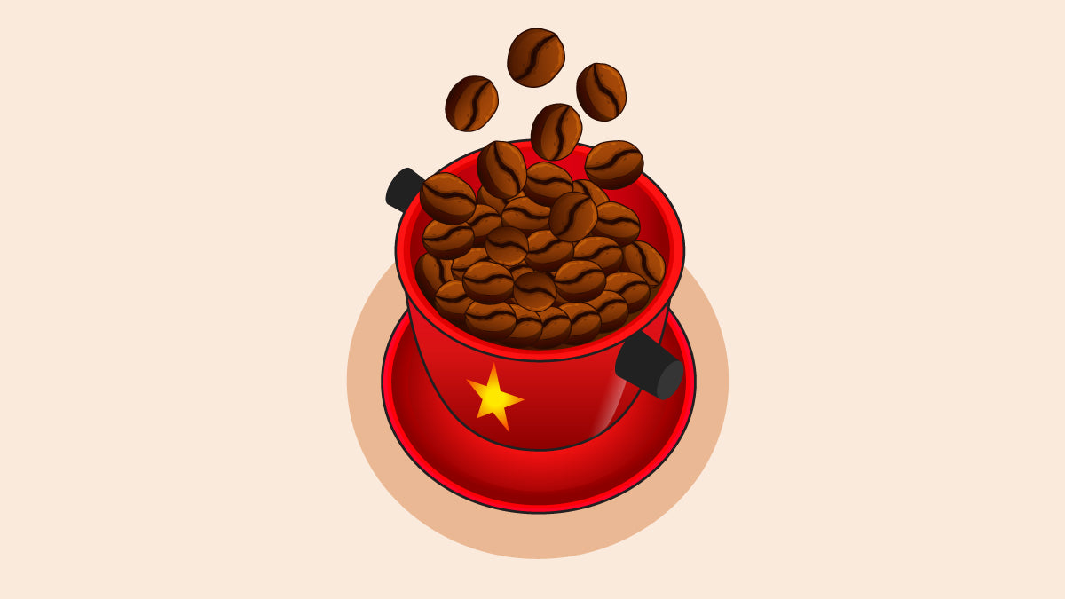 A red coffee cup with a yellow star representing Vietnam's flag, spilling over with coffee beans, set against a neutral background.