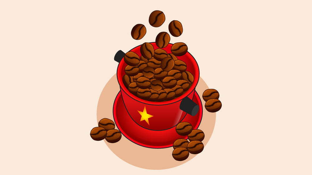 Vietnamese coffee beans overflowing from a red coffee roaster featuring a yellow star, symbolizing Vietnam’s strong coffee culture