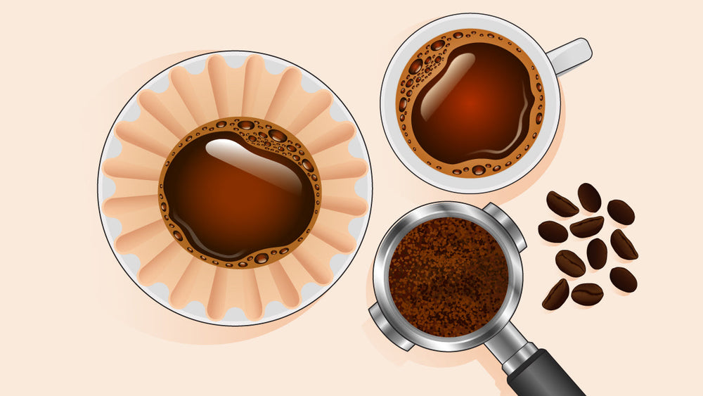 Coffee cup, filter with brewed coffee, portafilter of grounds, and scattered beans.