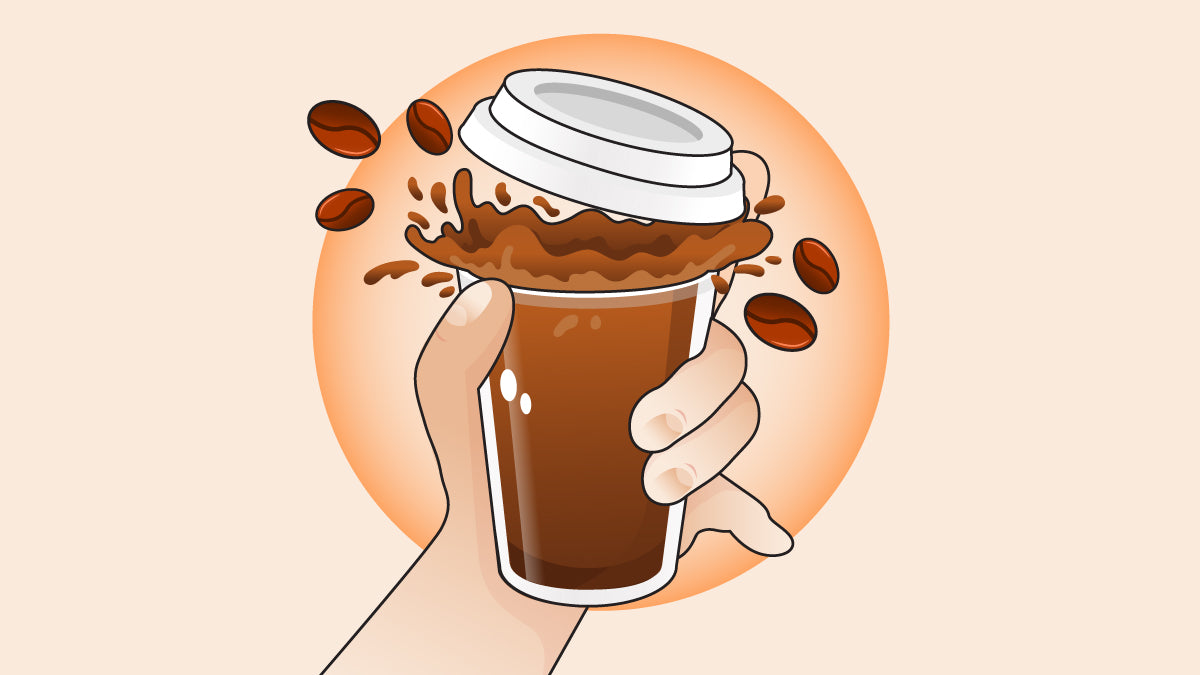 A hand holding a cup of overflowing coffee.