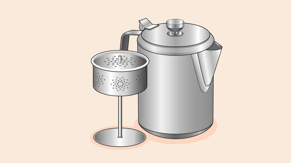 A stainless steel coffee percolator with its perforated filter basket displayed separately