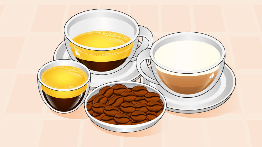 Three coffee cups with espresso, doppio, and cappuccino next to a bowl of roasted coffee beans.