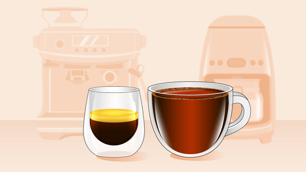 Espresso and black coffee in clear cups with coffee machines in the background.