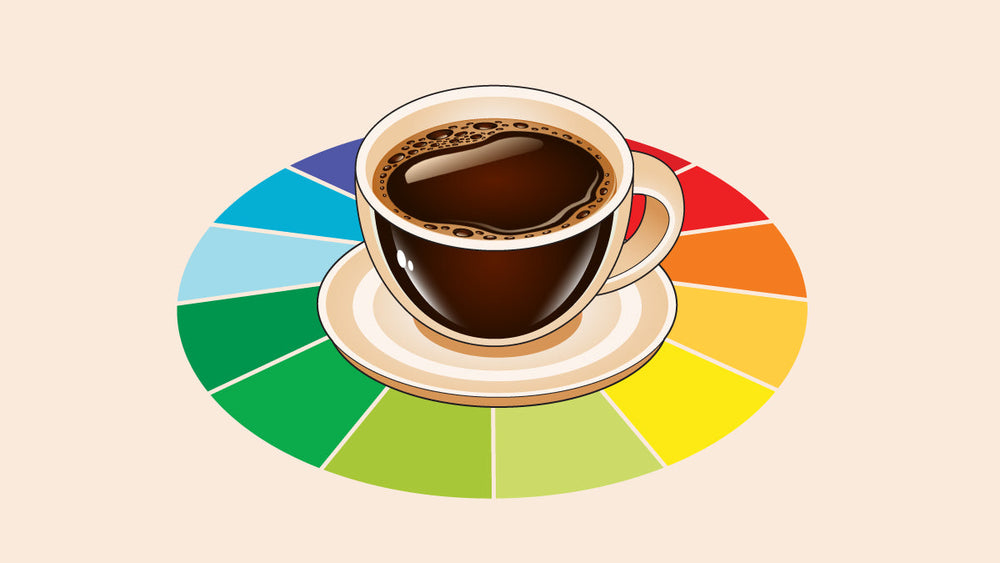 A cup of black coffee placed on an acidity level wheel, illustrating different levels of coffee acidity