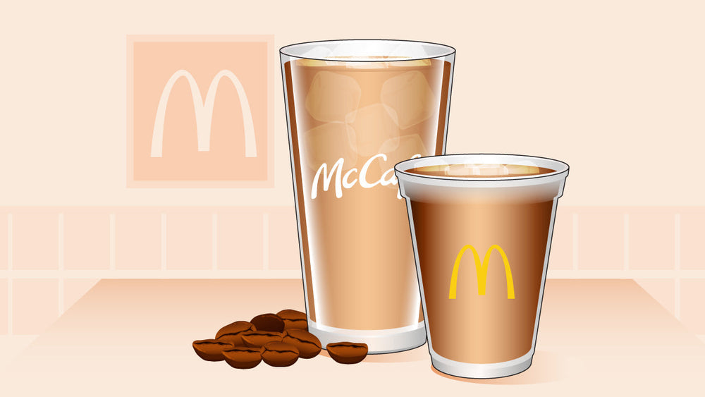 Two McCafé iced coffee cups, one large and one small, with coffee beans on the counter and McDonald's logo in the background.