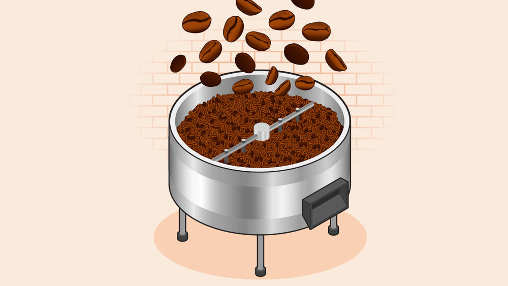 Coffee beans falling into a large industrial roaster filled with freshly roasted grounds.
