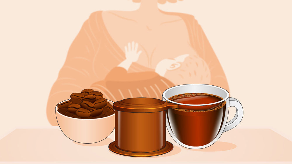Vietnamese coffee setup with beans, phin filter, and brewed coffee in faded background shows mother breastfeeding.