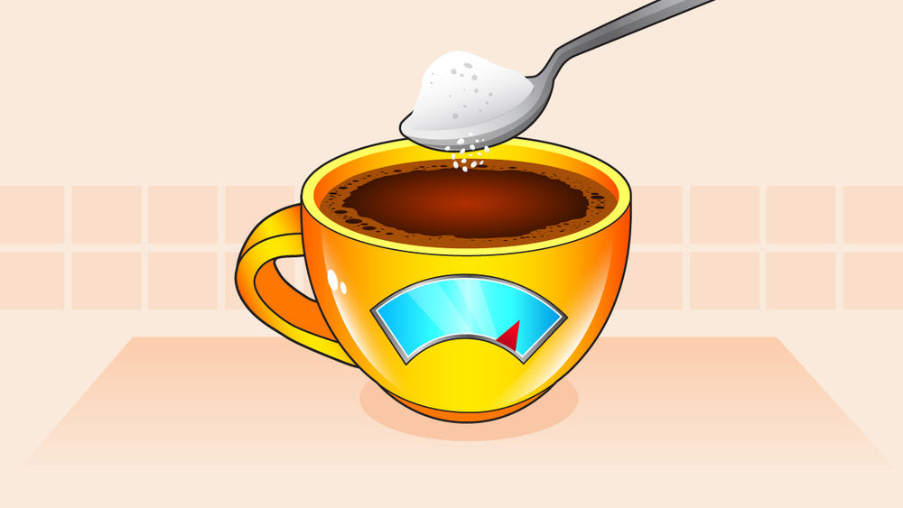 A spoonful of sugar being added to a cup of coffee with a calorie indicator on the mug.