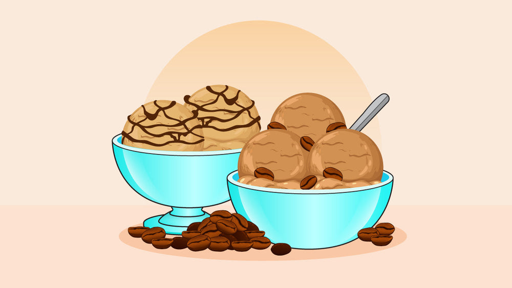 Two bowls of coffee-flavored ice cream scoops, topped with chocolate syrup and coffee beans