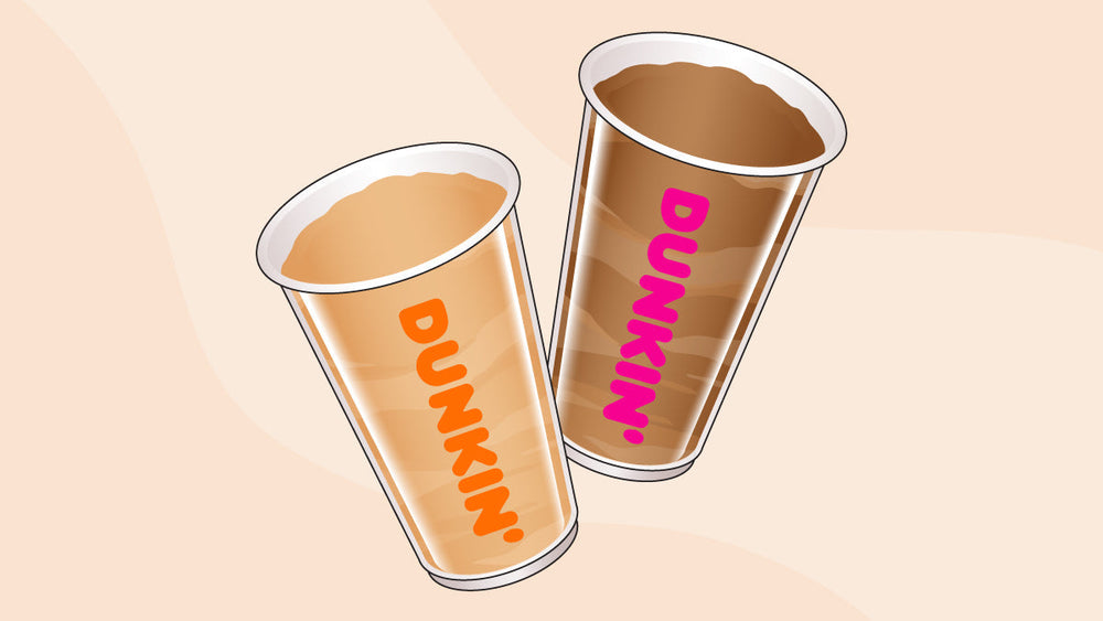 Two Dunkin' iced coffee cups with different coffee shades