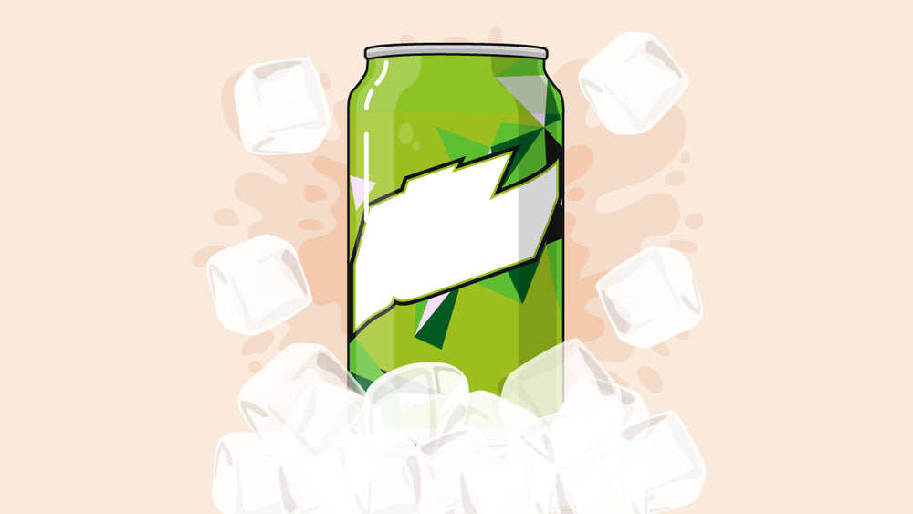 A cold can of mountain dew with ice cubes next to it.