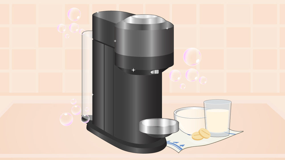 A clean coffee machine sparkles with soap bubbles, beside a glass of milk, a bowl, and two cookies on a napkin.