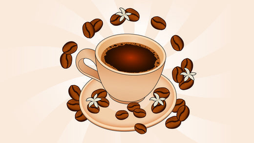 Cup of coffee on a saucer with scattered coffee beans and coffee blossoms
