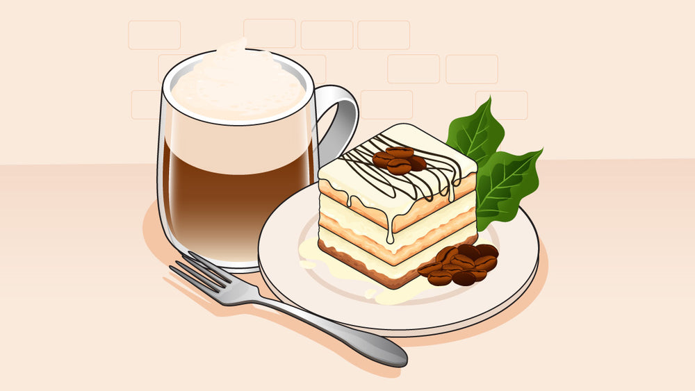 Latte with coffee cake on a plate, topped with coffee beans