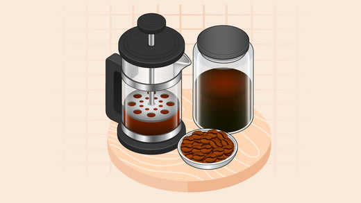 A French press with coffee, a glass jar of coffee concentrate, and a bowl of roasted coffee beans