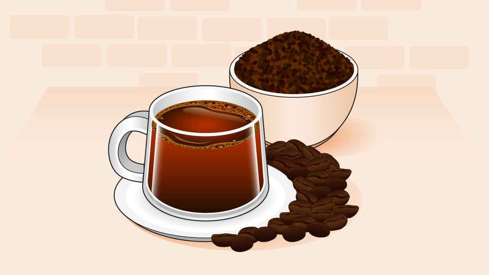 Cup of black coffee on a saucer with whole coffee beans and a bowl of ground coffee.