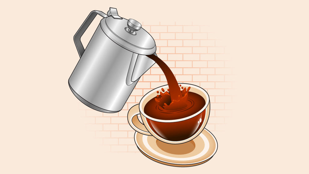 Silver percolator pouring steaming coffee into a ceramic cup with a splash effect, placed on a saucer