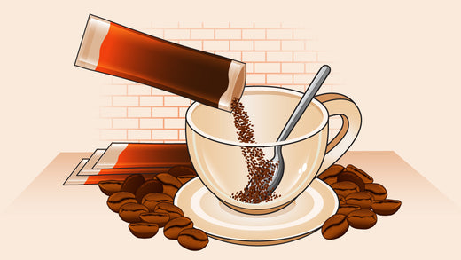 Instant coffee granules poured into a cup with a spoon